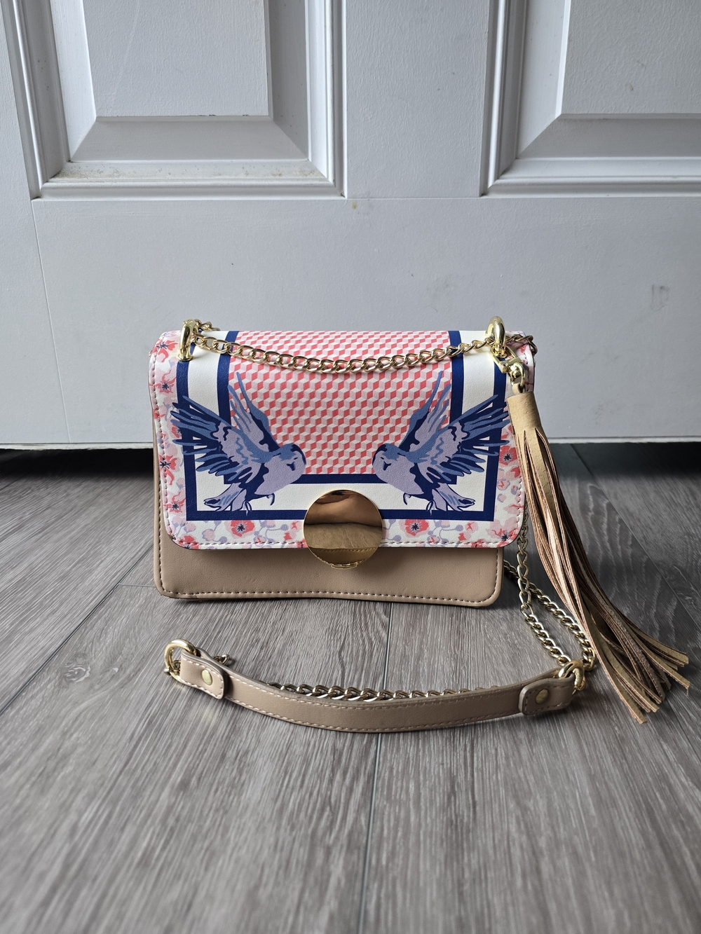 Neiman Marcus Printed Flap Crossbody Swallow Bird Print Chain Tassel Gold Disc